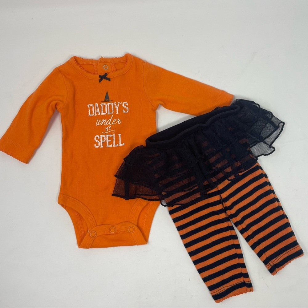 Baby 2pc Halloween Orange Onesie Tutu Orange/Black Stripe Leggings Size Newborn